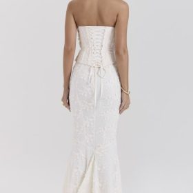 Veronica Vintage Ivory Embroidered Godet Maxi Skirt