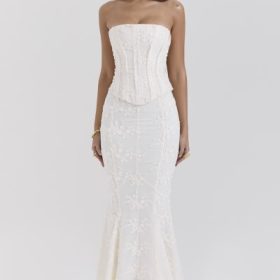 Veronica Vintage Ivory Embroidered Godet Maxi Skirt - Image 5
