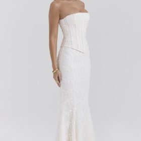 Veronica Vintage Ivory Embroidered Godet Maxi Skirt - Image 7