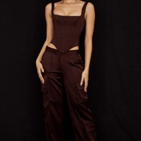 Daria Chocolate Satin Cargo Trousers - Image 5