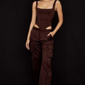Daria Chocolate Satin Cargo Trousers - Image 7