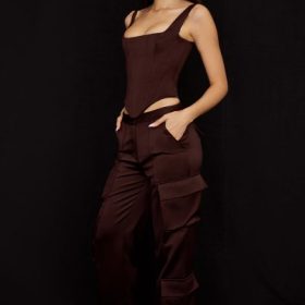 Daria Chocolate Satin Cargo Trousers - Image 8