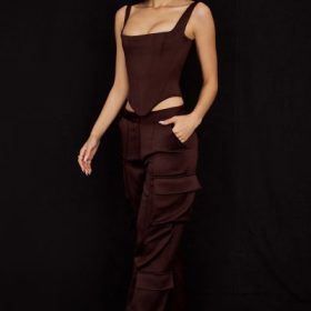 Daria Chocolate Satin Cargo Trousers - Image 9