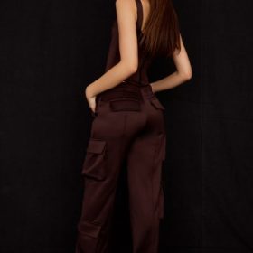 Daria Chocolate Satin Cargo Trousers - Image 10