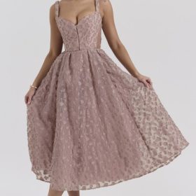 Lovely French Rose Jacquard Sweetheart Neckline Midi Dress - Image 7