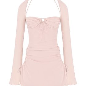 Baby Pink Quartz Chiffon Cutout Halter Mini Dress - Image 2