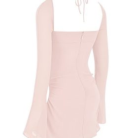 Baby Pink Quartz Chiffon Cutout Halter Mini Dress - Image 3