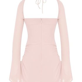 Baby Pink Quartz Chiffon Cutout Halter Mini Dress - Image 4