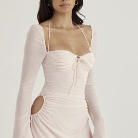 Baby Pink Quartz Chiffon Cutout Halter Mini Dress - Image 11
