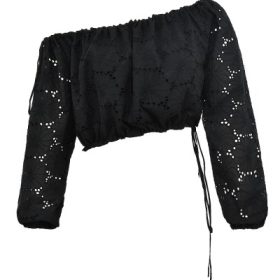 Mistress Rocks Black Broderie Cotton Off Shoulder Top - Image 2