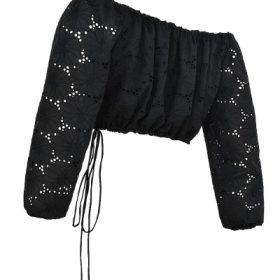 Mistress Rocks Black Broderie Cotton Off Shoulder Top - Image 3