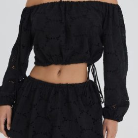 Mistress Rocks Black Broderie Cotton Off Shoulder Top - Image 5