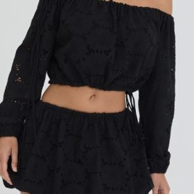 Mistress Rocks Black Broderie Cotton Off Shoulder Top - Image 8