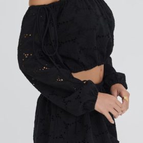 Mistress Rocks Black Broderie Cotton Off Shoulder Top - Image 9