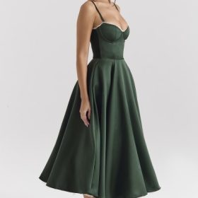 Mademoiselle Forest Green Satin Tulle Midi Dress