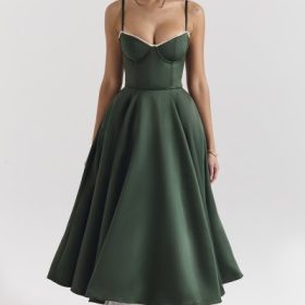 Mademoiselle Forest Green Satin Tulle Midi Dress - Image 5