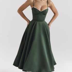 Mademoiselle Forest Green Satin Tulle Midi Dress - Image 7