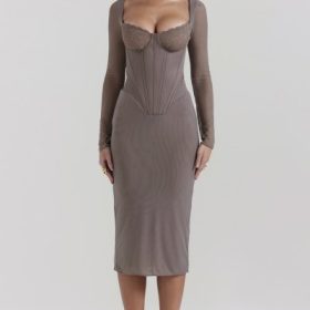 Safran Mocha Corset Midi Dress - Image 7