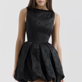 Melika Black Backless Embroidered Mini Puffball Dress - Image 5