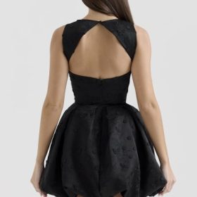 Melika Black Backless Embroidered Mini Puffball Dress - Image 11